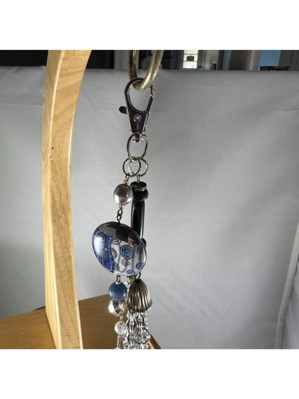 Silver Tone Multi-Chain Keychain Charm With Beads Pearls & Filigree Flower Penda - Picture 2 of 5